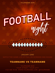 American Football night. Background give the perfect promotion for your upcoming Super Bowl, College Football or Pro Football Screening. A flyer design perfect for tailgate parties, football invites