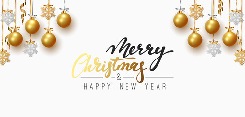 Naklejka premium Merry Christmas and Happy New Year. Background design of xmas balls with golden glitter snowflake hanging on the ribbon.
