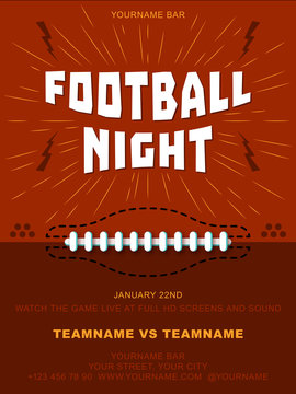 American Football night. Background give the perfect promotion for your upcoming Super Bowl, College Football or Pro Football Screening. A flyer design perfect for tailgate parties, football invites