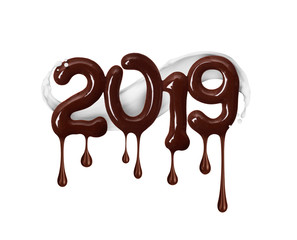 Date of the New Year 2019 made of melted chocolate with milk splash