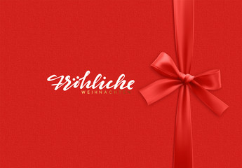 Fototapeta na wymiar German lettering Frohliche Weihnachten. Merry Christmas Holiday background. Handwritten text, realistic textured pattern, pull ribbon bow.