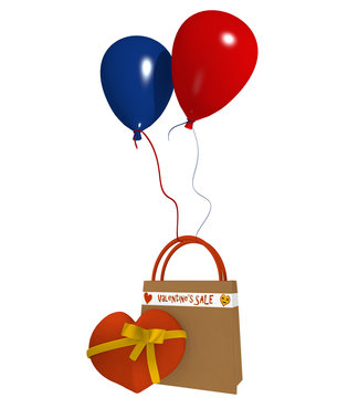 Einkaufstasche mit Luftballons und Herz zum Valentinstag