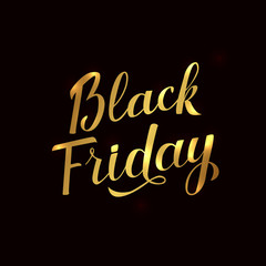 Black  Friday calligraphy lettering with brush. Shiny gold hand written sale banner. Calligraphic poster for promotion and advertising. Vector illustration.
