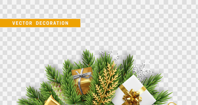 Christmas design. Composition with Xmas decorations. Christmas tree branches with cones, colorful realistic gift boxes. Vector isolated on transparent background.
