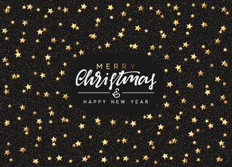 Fototapeta na wymiar Christmas background with decorative gold stars, bright golden glitter. Handwritten text Merry Christmas and Happy New Year. Xmas greeting card, banner, web poster. Festive vector illustration.