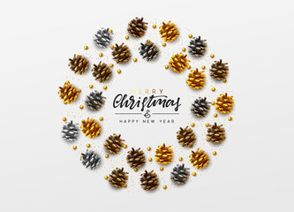 Christmas background. Handwritten text Merry Christmas and Happy New Year. Xmas greeting card, banner, web poster. Festive vector illustration. Design pine cones, round beads, golden glitter color.