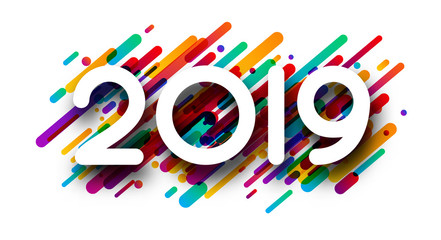 New Year 2019 sign with colorful paint strokes on white background.