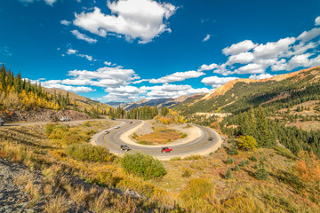 SEPT 18, 2018 - ROUTE 550 SILVERTON, COLORADO, USA - "Circular elevated view of Colorado State Highway 550, known as "Million Dollar Highway" threads its way from Silverton to Ouray
