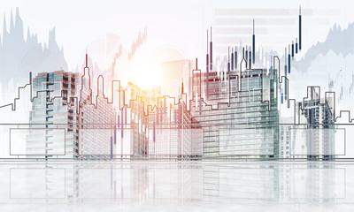 Concept of global communication and networking with world map over cityscape