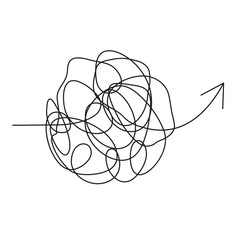 Idea process. Complicated way. Mess or chaos icon. Pass the way linear arrow up with clew (tangle ball) in center. Messy line. Doodle knot ball. Insanely busy brain