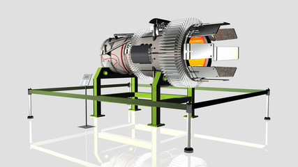 Esposizione di un motore a reazione su fondo neutro, 3D rendering, illustrazione