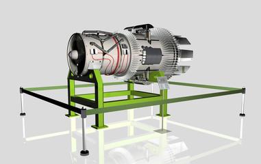 Esposizione di un motore a reazione su fondo neutro, 3D rendering, illustrazione