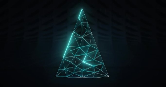 illuminated christmas tree triangular network system revelation, artificial intelligence and technological progress 4k footage background with black end