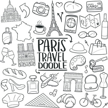 Paris Love Travel Doodle Icon Hand Draw Line Art	