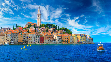 Wonderful romantic old town at Adriatic sea. Boats and yachts in harbor at magical summer. Rovinj. Istria. Croatia. Europe. - obrazy, fototapety, plakaty