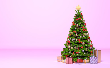 Christmas tree with gifts in pink room. 3d render illustration. Copy space. New Year, holiday.