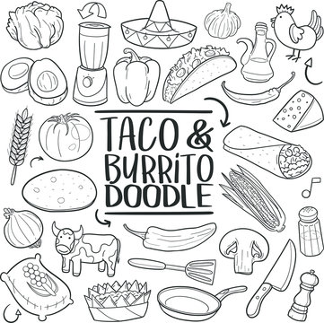 Taco and Burrito Mexican Food Doodle Icon Hand Draw Line Art	