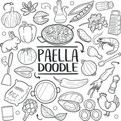 Paella Spanish Traditional Food Doodle Icon Hand Draw Line Art	