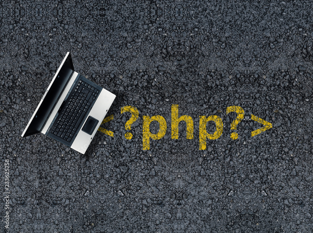 Poster php programming language. Laptop on php tag drawn with paint on road asphalt