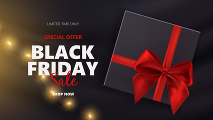 Black friday sale typographical background with photorealistic bow and place for text. Vector illustration.
