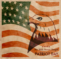 Bald eagle symbol of North America on grunge background with USA flag.