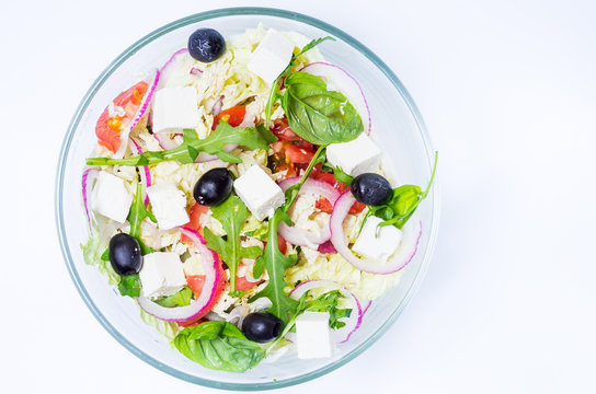 Top view of salad. Salad in a clear dish.