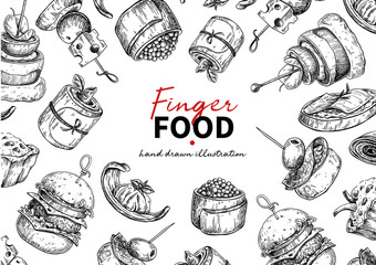 Finger food vector frame drawing. Catering service frame templat - obrazy, fototapety, plakaty