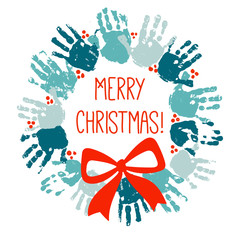 Handprint Christmas wreath with red handdrawn bow. Watercolor acrylic kids Christmas art. Children Christmas crafts. Family Christmas card. Vector eps 10 illustration isolated on white background.