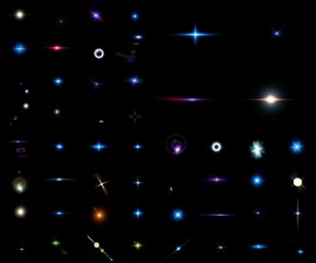 Fototapeta na wymiar Isolated realistic lens flare visual effect on black night background. Space star. 