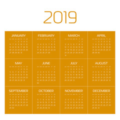 Vector calendar - Year 2019. Week starts from Sunday. Simple flat vector illustration.