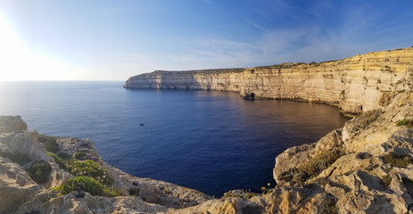 Panoramic view of beautiful bay during sunset on Gozo island, Malta