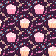 Cupcake seamless pattern. Bakery wrapping paper. Textile print, birthday decor and baby pattern design