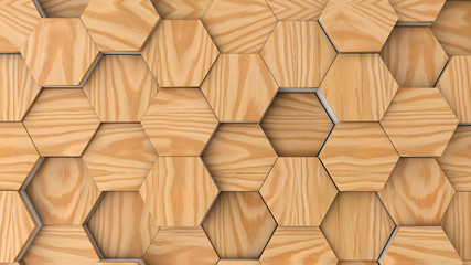 Geometric wooden hexagon pattern background. 3D rendering