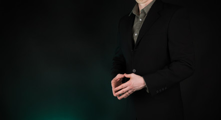 Businessman hands showing steeple superior thinking gesture, on gradient green background