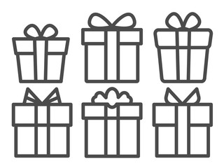 Vector black line Gifts icons set. Vector line icons.