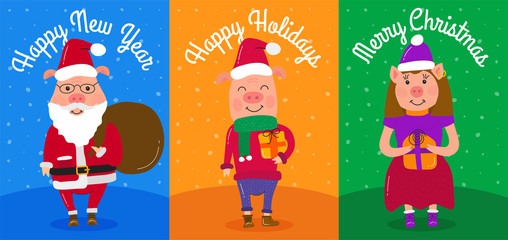 Set of funny cute cartoon pig. Greeting cards Merry Christmas and New Year 2019. Year of the pig. Illustration Concept