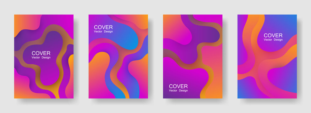Gradient fluid shapes abstract covers vector collection. Cool banner backgrounds design. Organic bubble fluid splash shapes, oil drop molecular mixture concept backdrop. Cover pages.