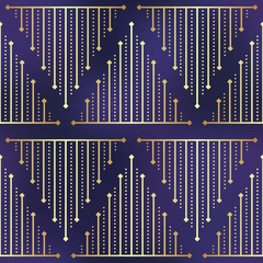 Gold violet linear seamless sacred geometry pattern. Golden sacral geometric occult cosmic line art signs for fabric print, surface texture, cloth design, wrapping EPS10 vector gradient mesh backdrop 