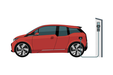 Electric car with charging station. Vector illustration EPS 10