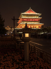 Fototapeta premium Illuminated Bell tower in Xian, China at night