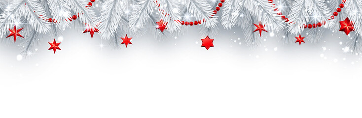 Christmas and New Year banner with white fir branches and red Christmas decorations.