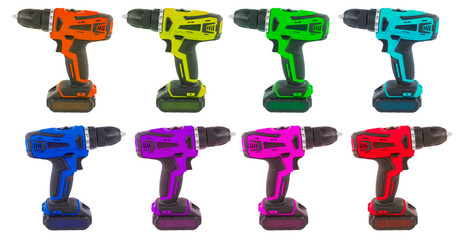 Eight different colors items of compact cordless screwdriver isolated on a white background