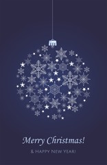 Christmas greeting card. Decorative blue ball with snowflakes.