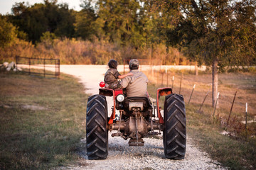 Rear view of family driving tractor on field © Cavan for Adobe