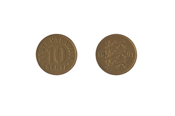 Image of Estonian coin 10 cents. Obverse and reverse. Leos. 1991.
