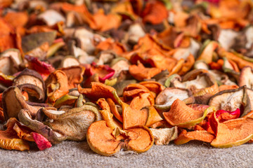 Rural still-life, background - dried fruits from apples and pears close-up, selective focus