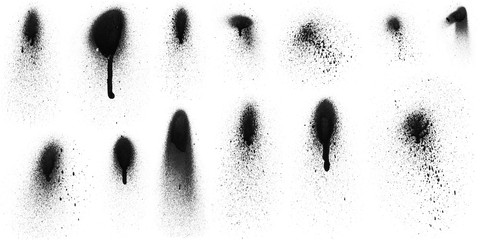 Realistic grunge graffiti spray paint effect on the white wall background. Isolated black ink texture. © artistmef
