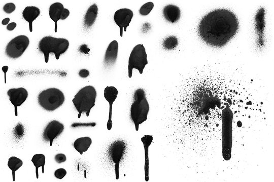 Realistic grunge graffiti spray paint effect on the white wall background. Isolated black ink texture.