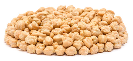 Handful of chickpea seeds (Cicer arietinum) without shell, close up, isolated on white background