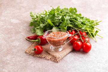 Traditional mexican red spicy sauce with ingredients